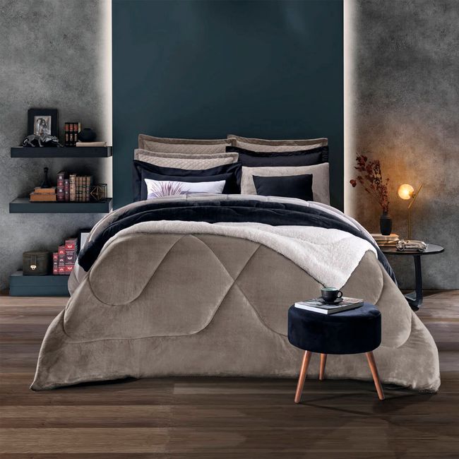 Edredom-Solteiro-Dupla-Face-Hedrons-Plush-Sherpa-Liso-Taupe