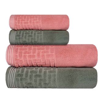 Jogo-de-Toalhas-de-Banho-4-Pecas-Super-Soft-Zero-Twist-Corttex-Geometrico-500-g-m²-Rosa-Verde
