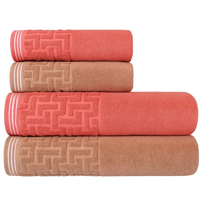 Jogo-de-Toalhas-de-Banho-4-Pecas-Super-Soft-Zero-Twist-Corttex-Geometrico-500-g-m²-Bege-Rosa