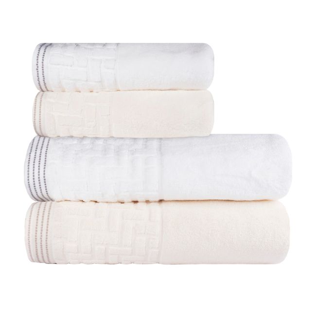 Jogo-de-Toalhas-de-Banho-4-Pecas-Super-Soft-Zero-Twist-Corttex-Geometrico-500-g-m²-Marfim-Branco