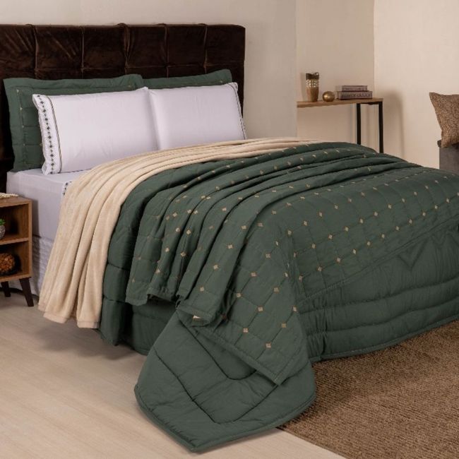 Colcha Cobreleito Queen Size Florença Sulamita Bordada Verde 3 Peças