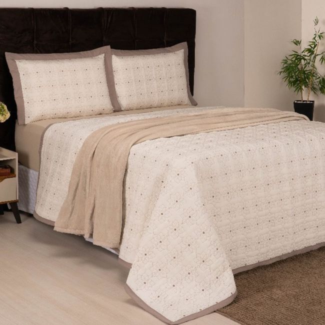 Colcha Cobreleito Queen Size Serena Sulamita Bordada Bege 3 Peças