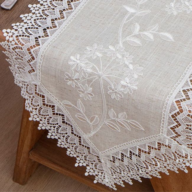 Caminho de Mesa Rendado e Bordado Jolitex 40x150cm Singapura Bege/Branco
