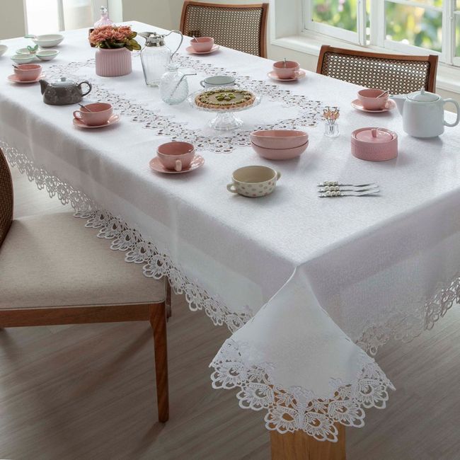 Toalha de Mesa Rendada Retangular 8 Lugares Veneza Jolitex Branca
