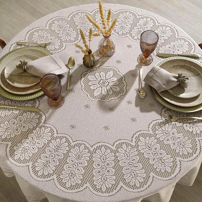Toalha de Mesa Redonda 8 Lugares Renda Clássica Arabesco Interlar 180cm Marfim