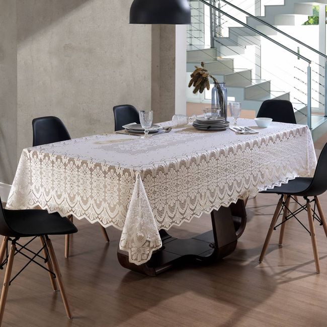 Toalha de Mesa Retangular 8 Lugares Renda Clássica Arabesco Interlar 150x250cm Marfim