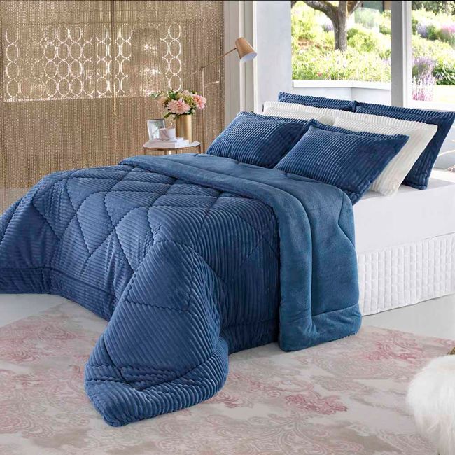 Edredom Queen Size Plush Alto Relevo BBC Têxtil Azul
